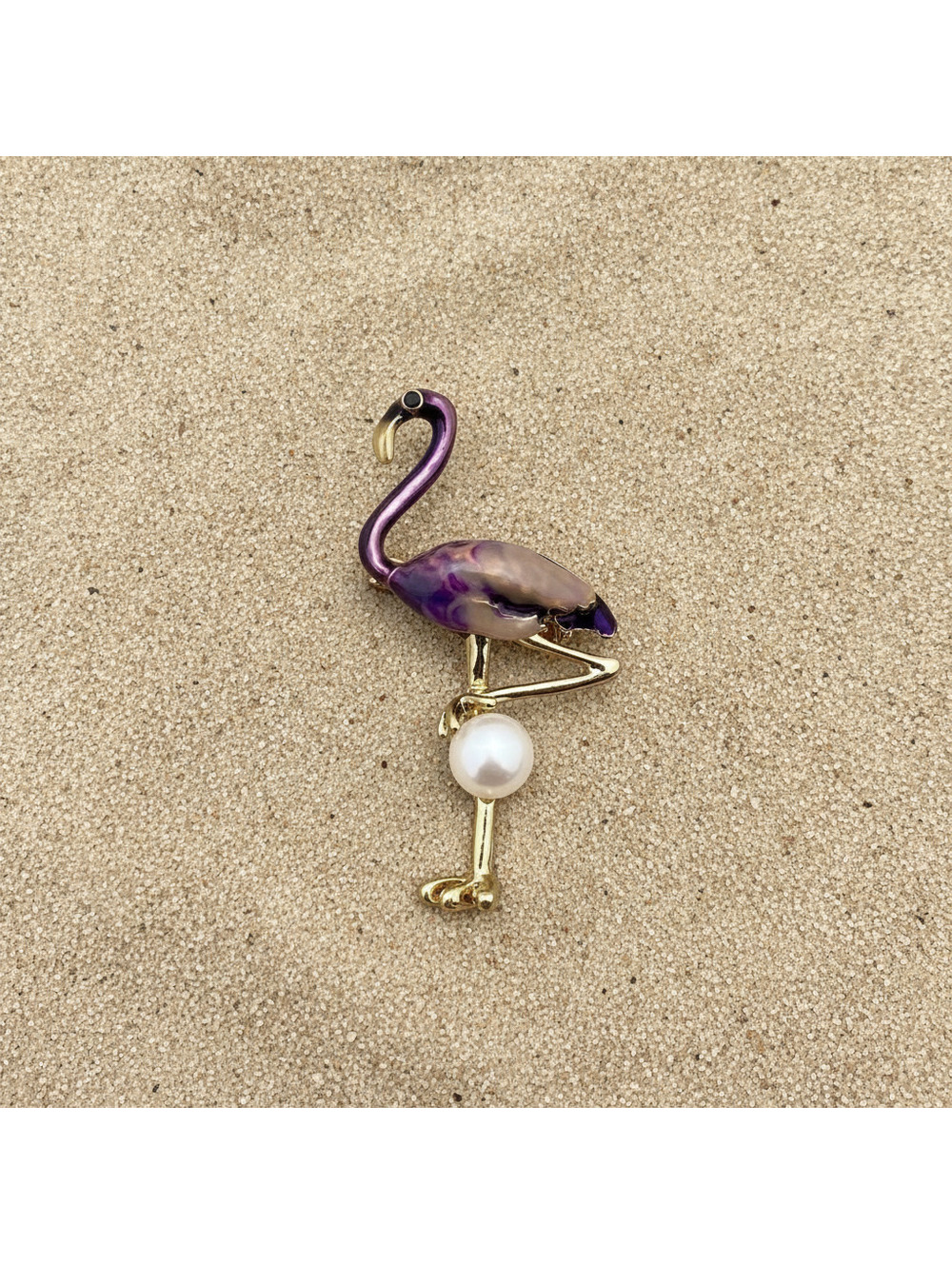 Purple Flamingo Brooch with Enamel and Pearl Inlaid